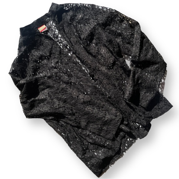 Vintage Tops - VTG Black Sheer Floral Lace Open Front Cardigan | L
